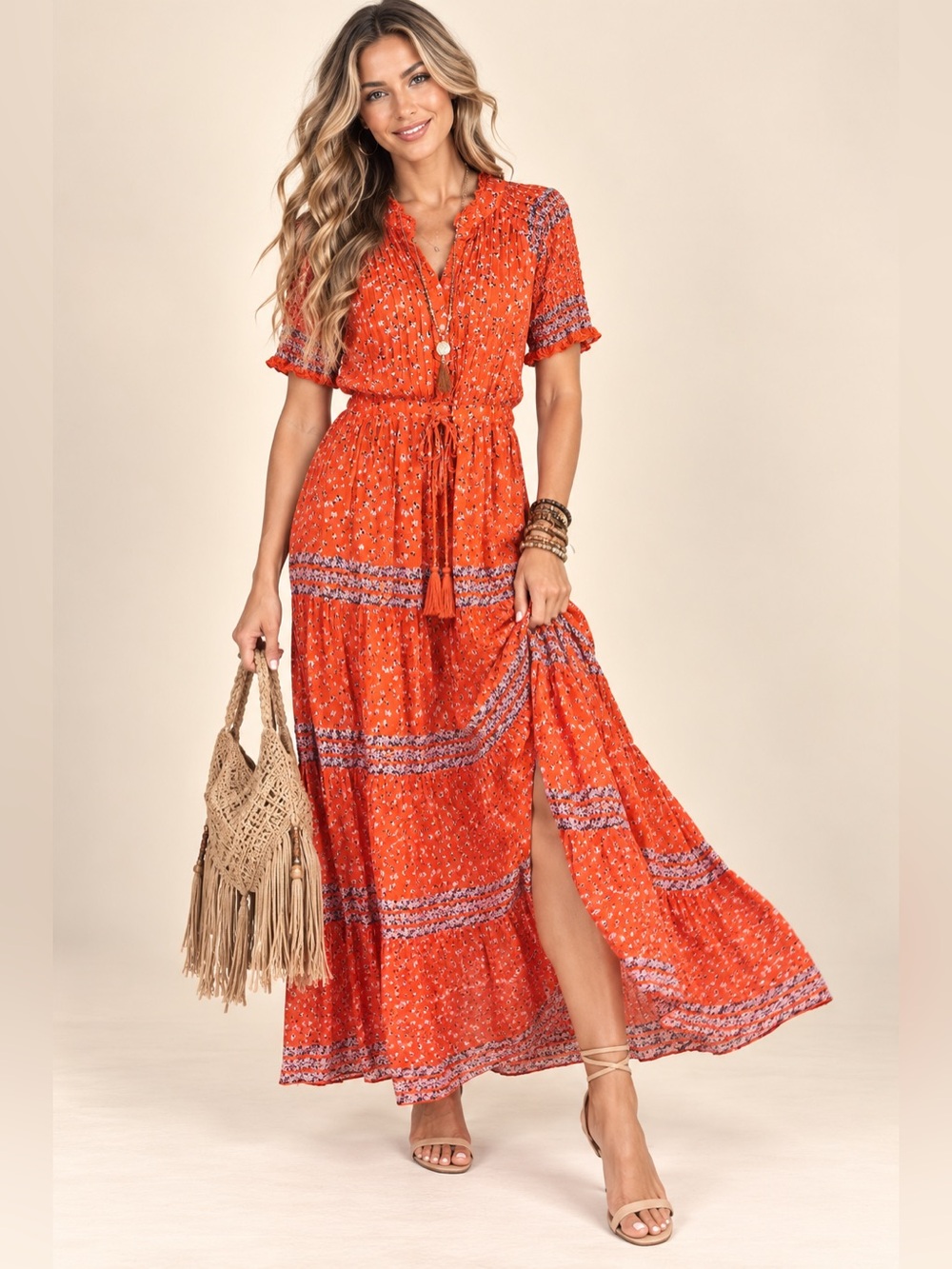 Free People Orange Floral Boho Tiered Maxi Dress Tassel Waist Size L